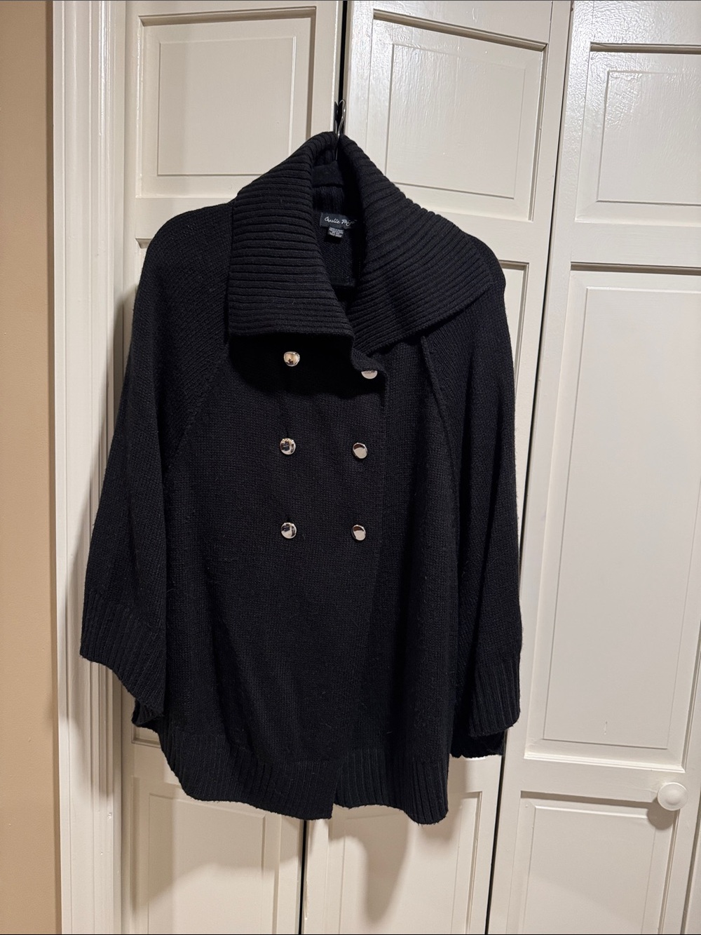 Charlie Paige Black Double-Breasted Shawl Collar Poncho Sweater